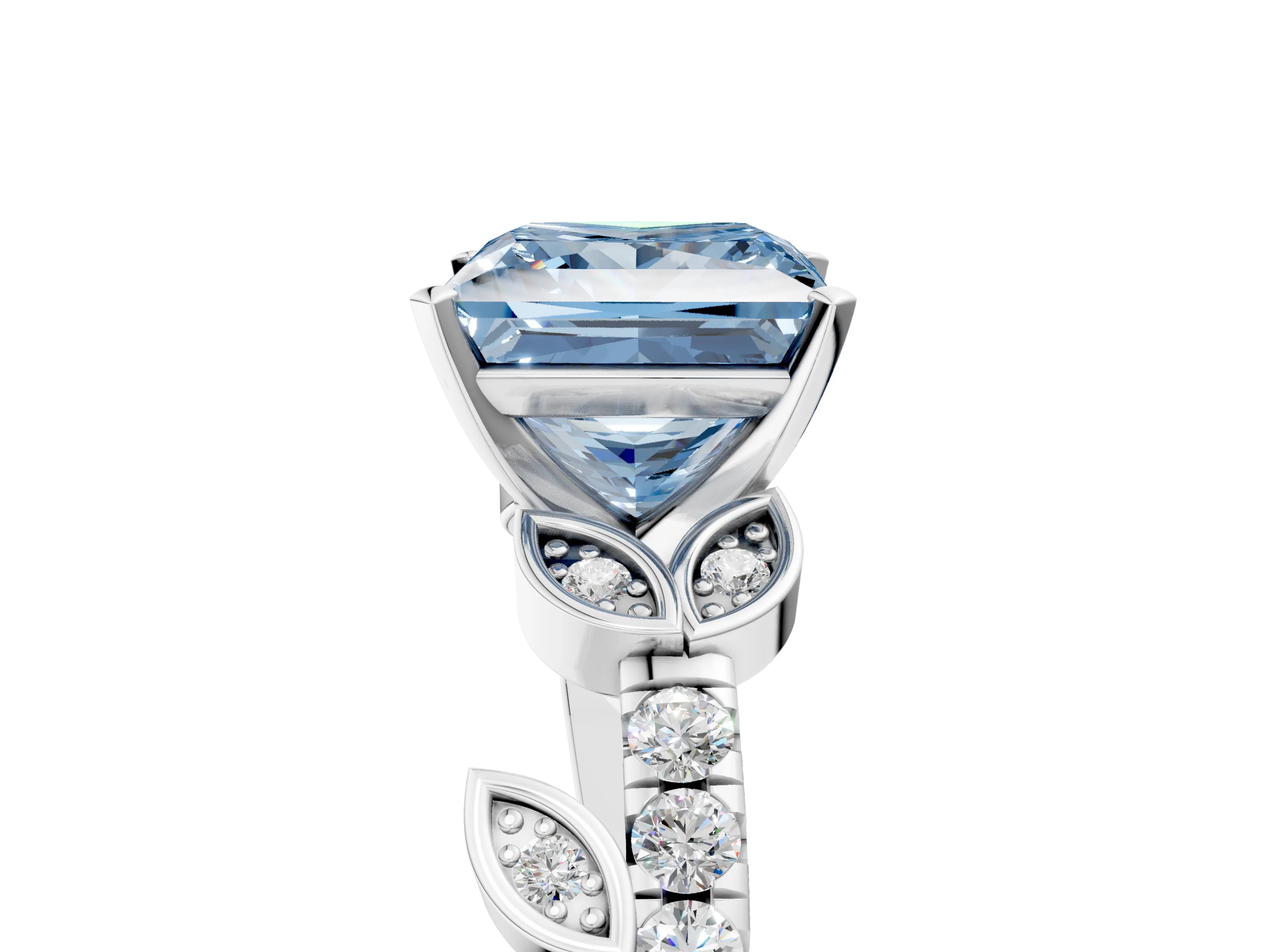 White gold Fancy Blue Princess Cut Solitaire Leaf-Inspired Diamond Ring with Pavé Band and Four-Prong Setting_35