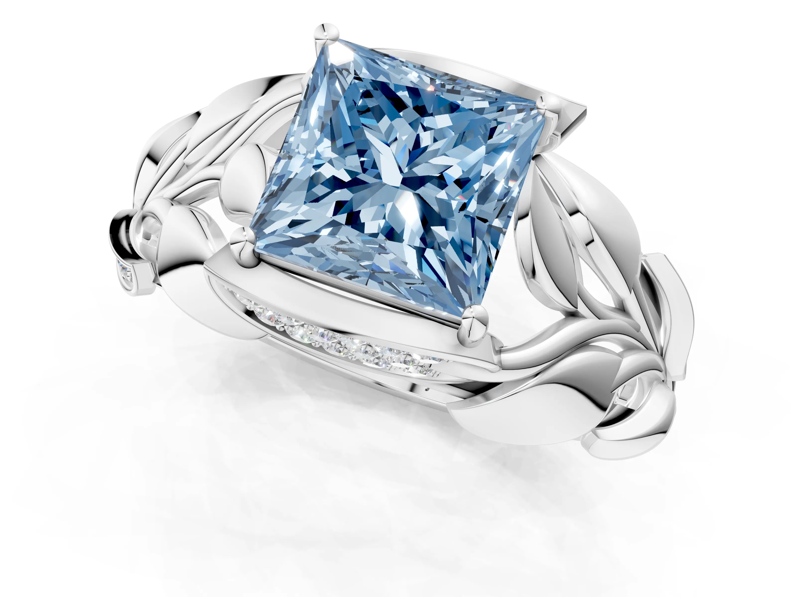 White gold Fancy Blue Princess Cut Solitaire Leaf-Inspired Engagement Ring with Prong Setting_1