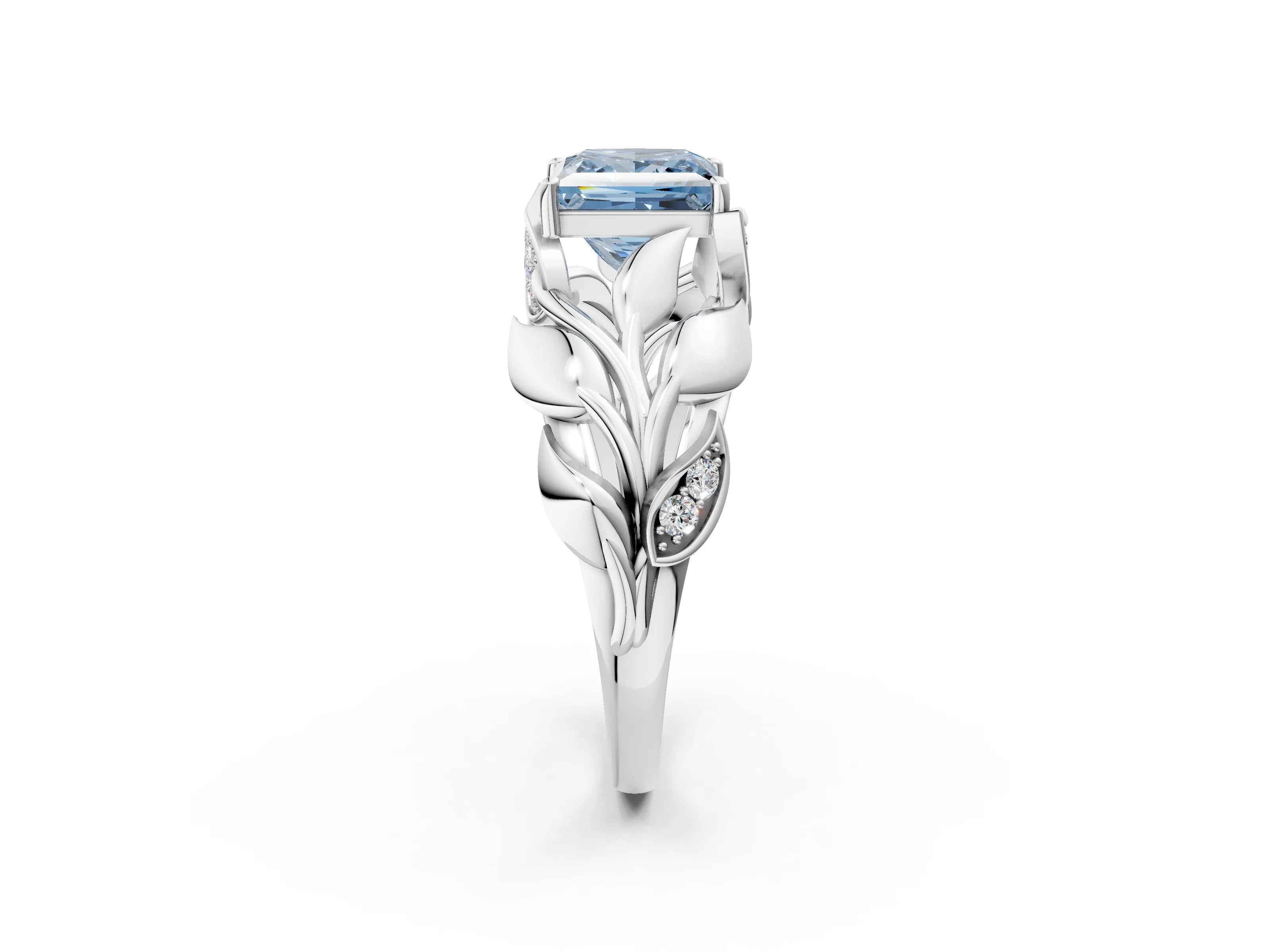 White gold Fancy Blue Princess Cut Solitaire Leaf-Inspired Engagement Ring with Prong Setting_2