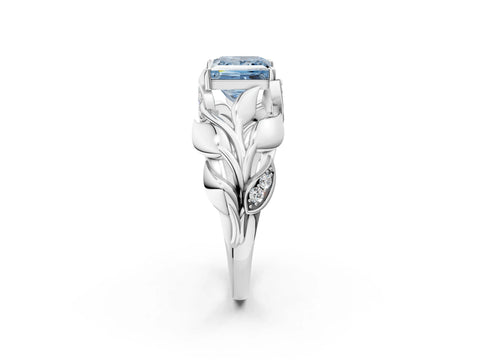 White gold Fancy Blue Princess Cut Solitaire Leaf-Inspired Engagement Ring with Prong Setting_2
