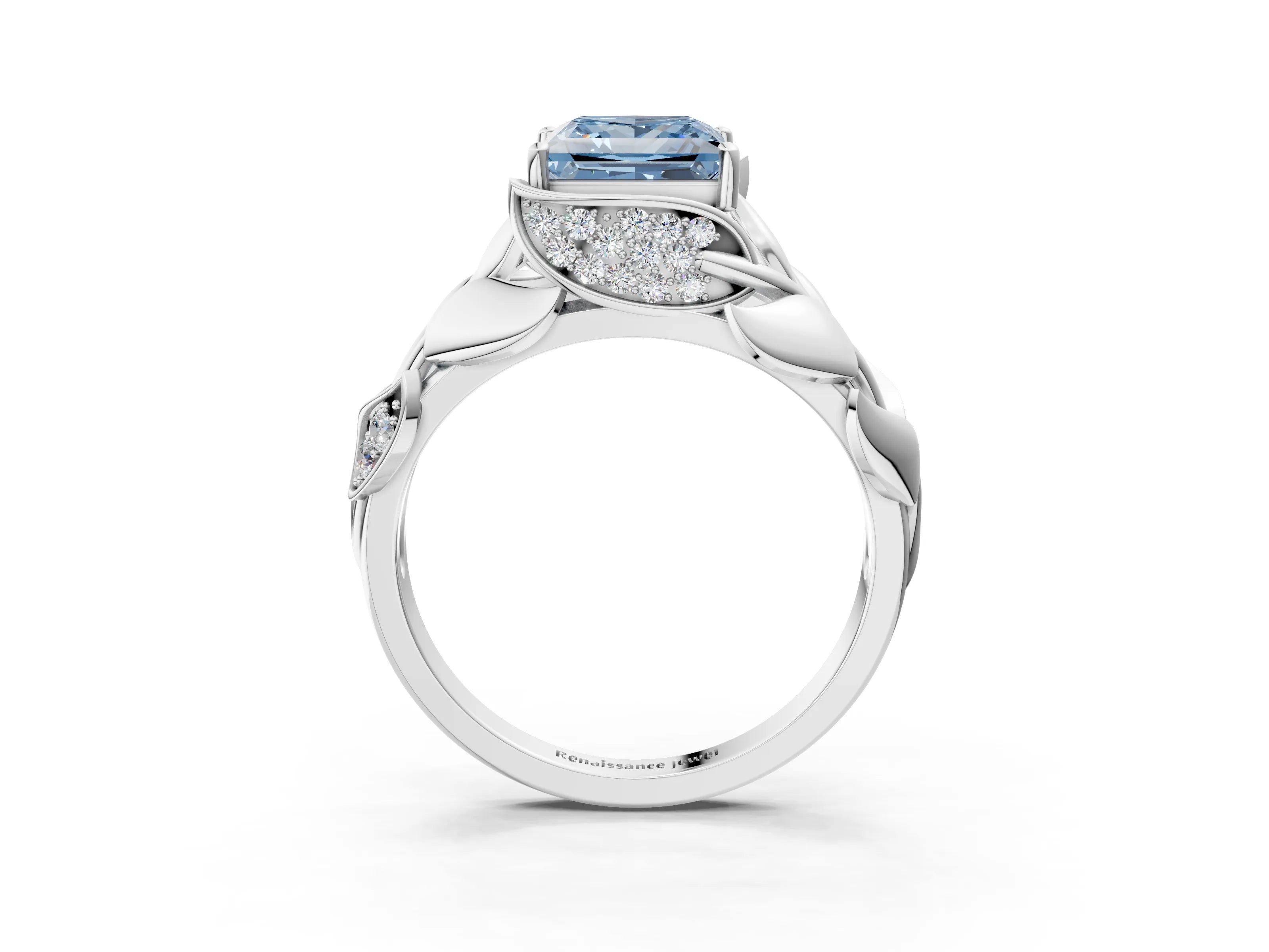White gold Fancy Blue Princess Cut Solitaire Leaf-Inspired Engagement Ring with Prong Setting_3