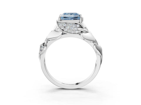 White gold Fancy Blue Princess Cut Solitaire Leaf-Inspired Engagement Ring with Prong Setting_3