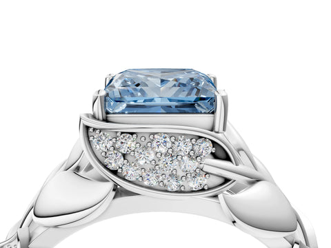 White gold Fancy Blue Princess Cut Solitaire Leaf-Inspired Engagement Ring with Prong Setting_4