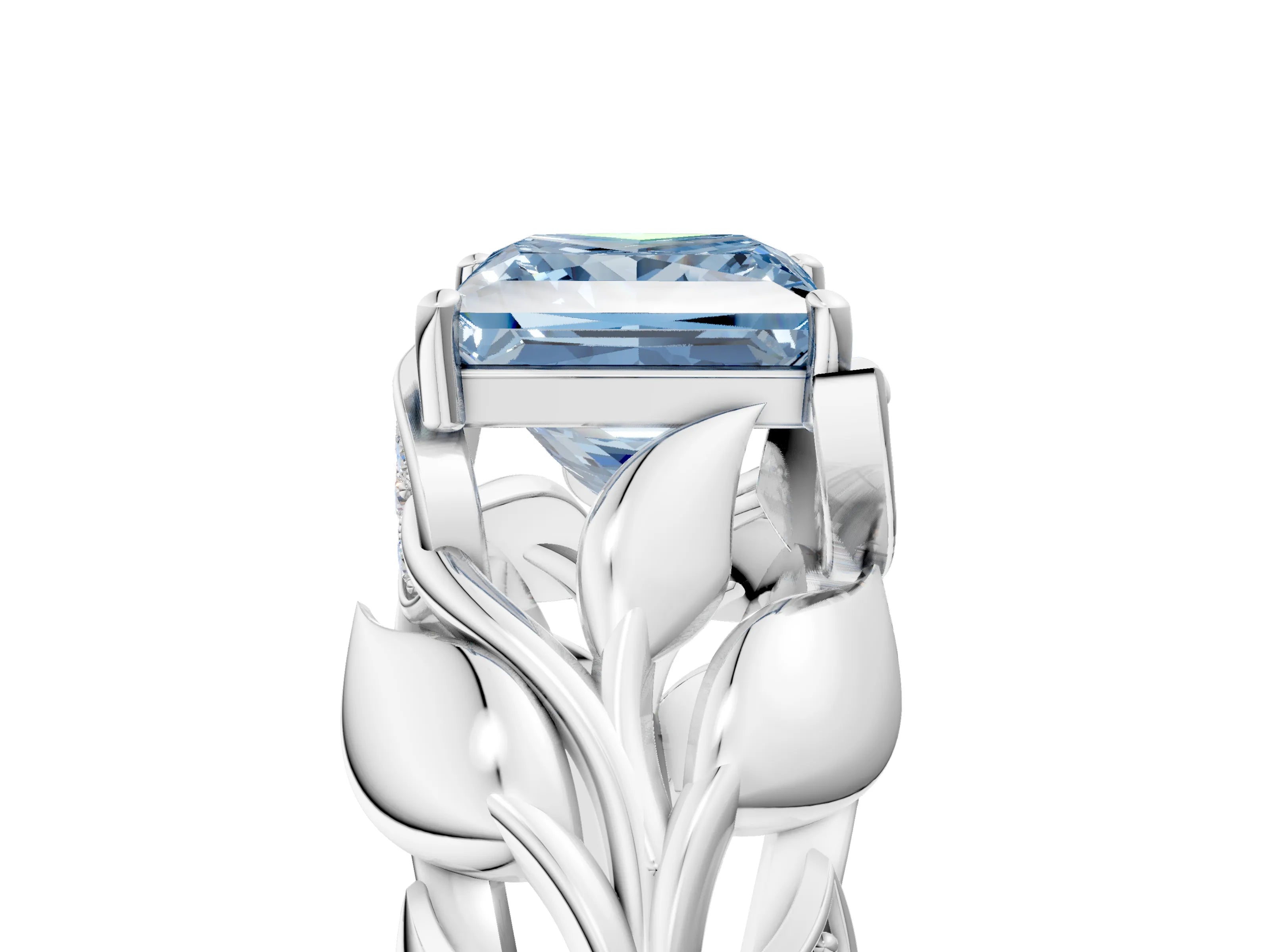 White gold Fancy Blue Princess Cut Solitaire Leaf-Inspired Engagement Ring with Prong Setting_5