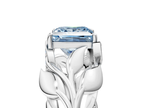 White gold Fancy Blue Princess Cut Solitaire Leaf-Inspired Engagement Ring with Prong Setting_5