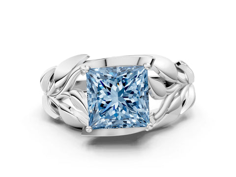 White gold Fancy Blue Princess Cut Solitaire Leaf-Inspired Engagement Ring with Prong Setting