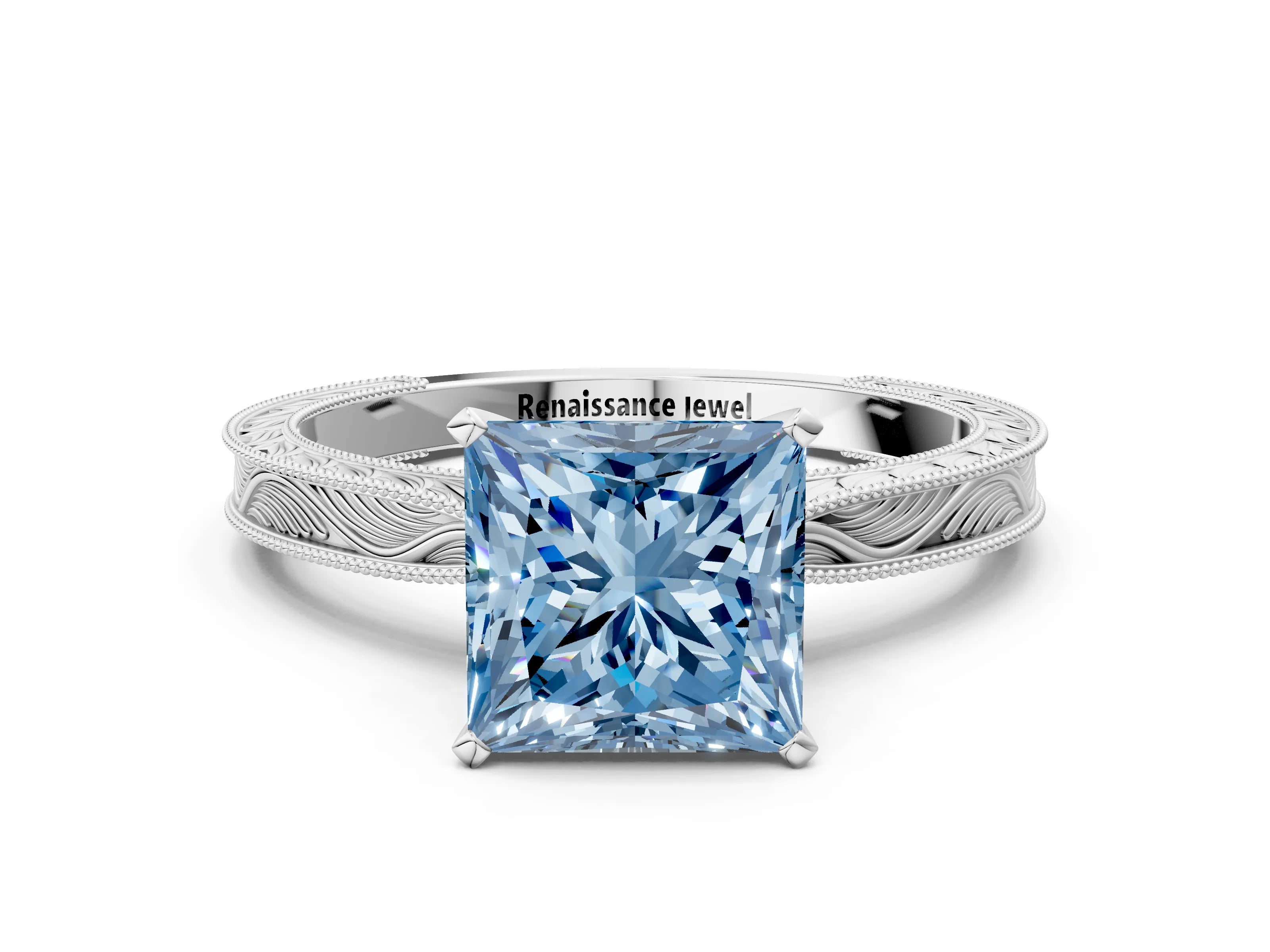 White gold Fancy Blue Princess Cut Solitaire Milgrain Engraved Band with Four-Prong Setting