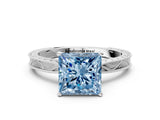 White gold Fancy Blue Princess Cut Solitaire Milgrain Engraved Band with Four-Prong Setting_12