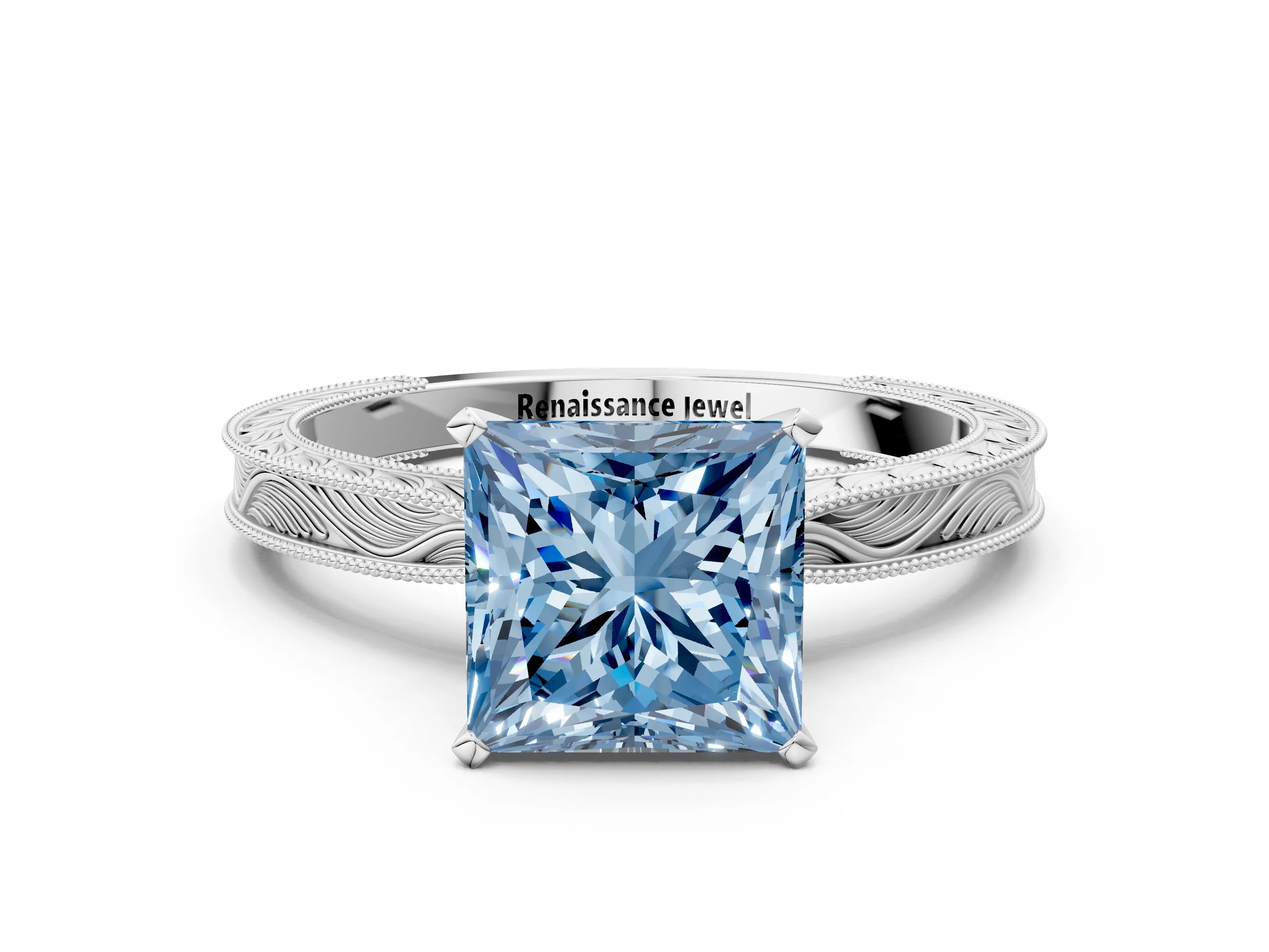 White gold Fancy Blue Princess Cut Solitaire Milgrain Engraved Band with Four-Prong Setting_12