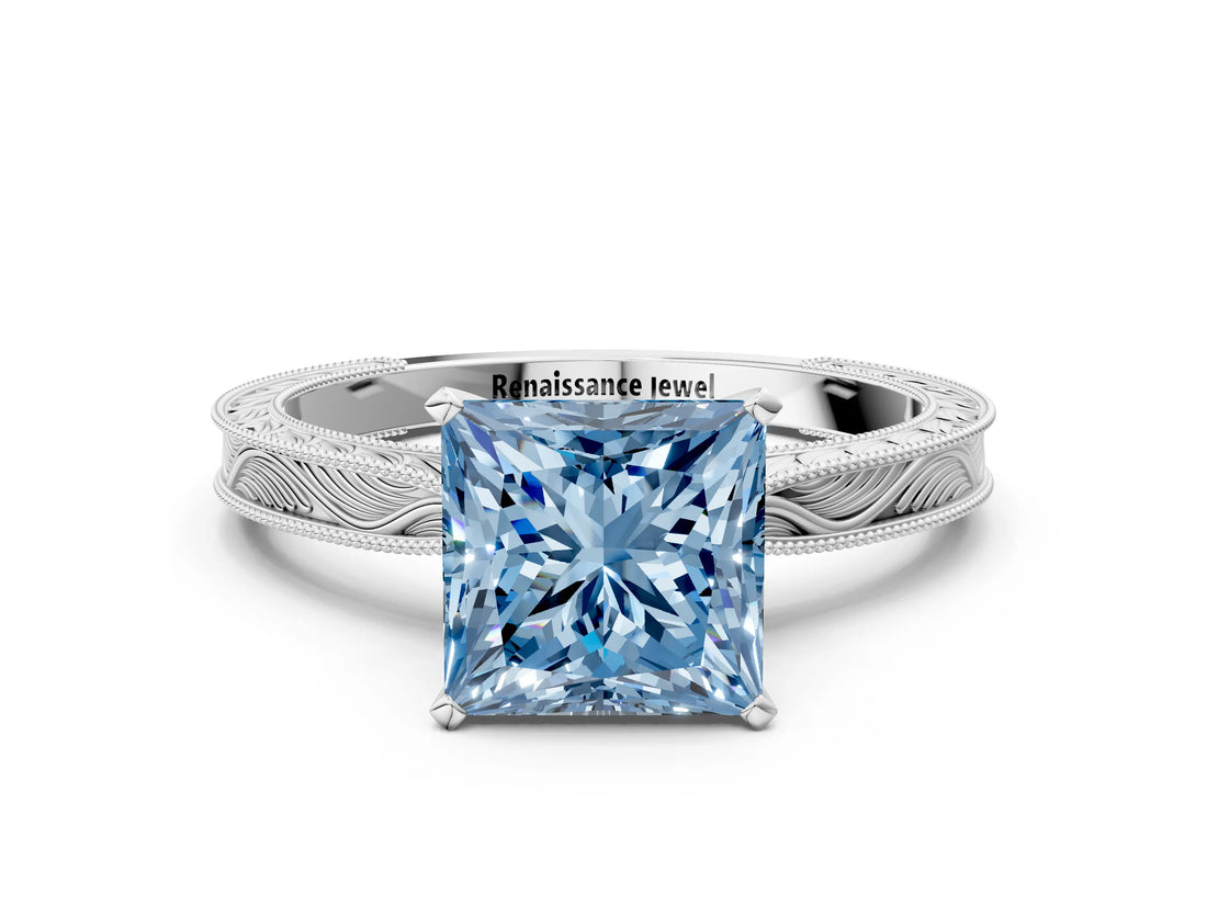 White gold Fancy Blue Princess Cut Solitaire Milgrain Engraved Band with Four-Prong Setting_12