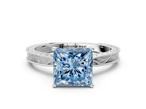 White gold Fancy Blue Princess Cut Solitaire Milgrain Engraved Band with Four-Prong Setting_12