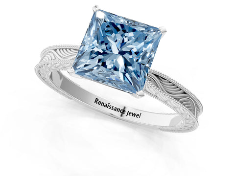 White gold Fancy Blue Princess Cut Solitaire Milgrain Engraved Band with Four-Prong Setting_13