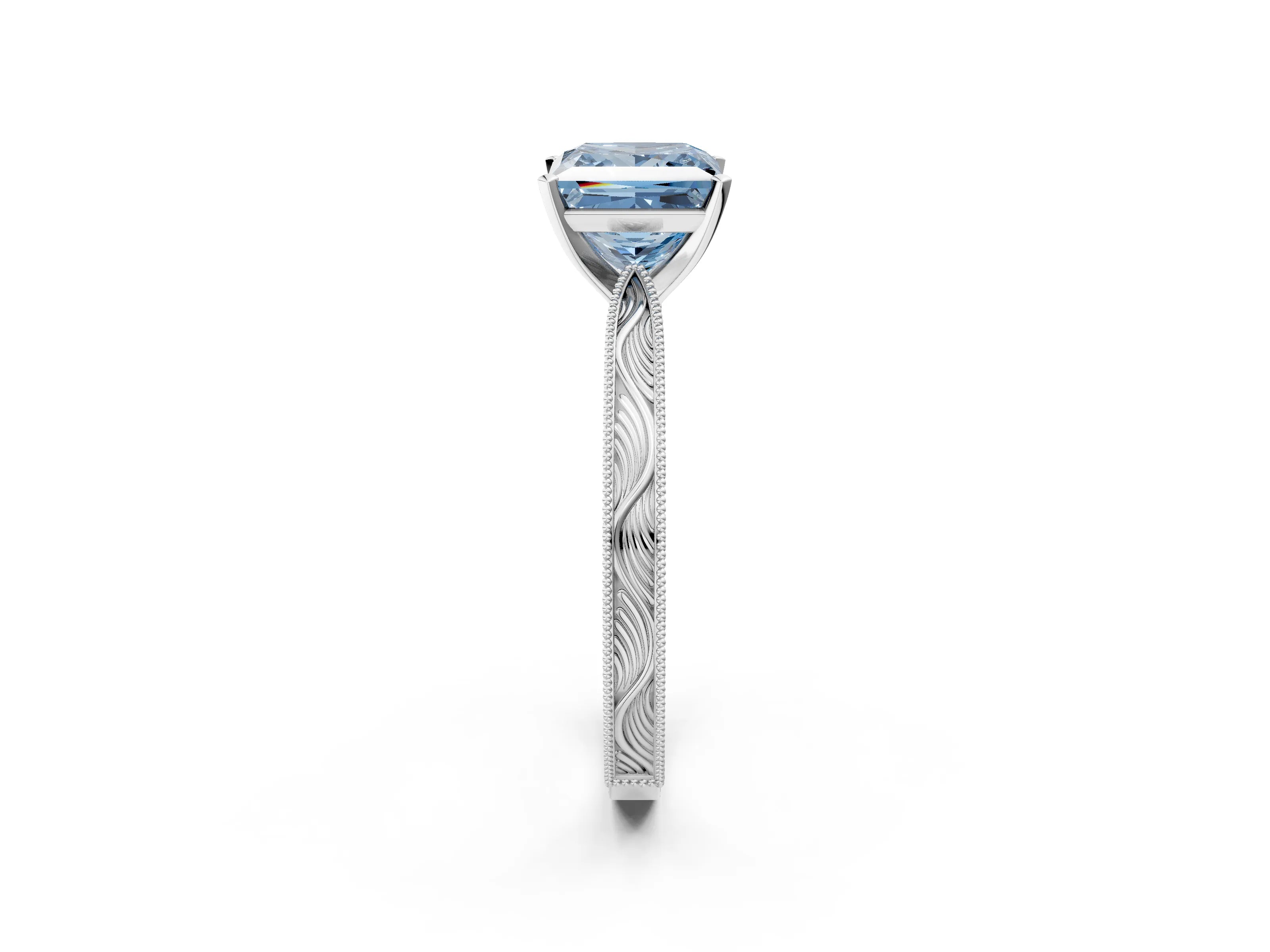 White gold Fancy Blue Princess Cut Solitaire Milgrain Engraved Band with Four-Prong Setting_14
