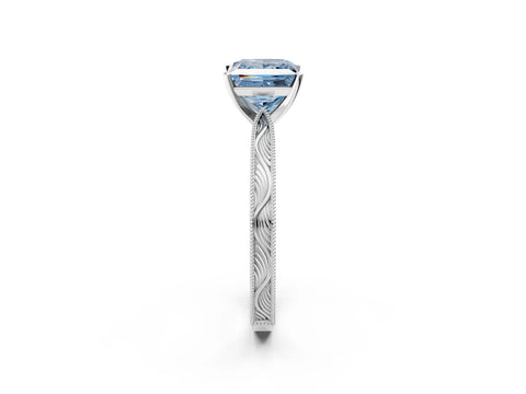 White gold Fancy Blue Princess Cut Solitaire Milgrain Engraved Band with Four-Prong Setting_14