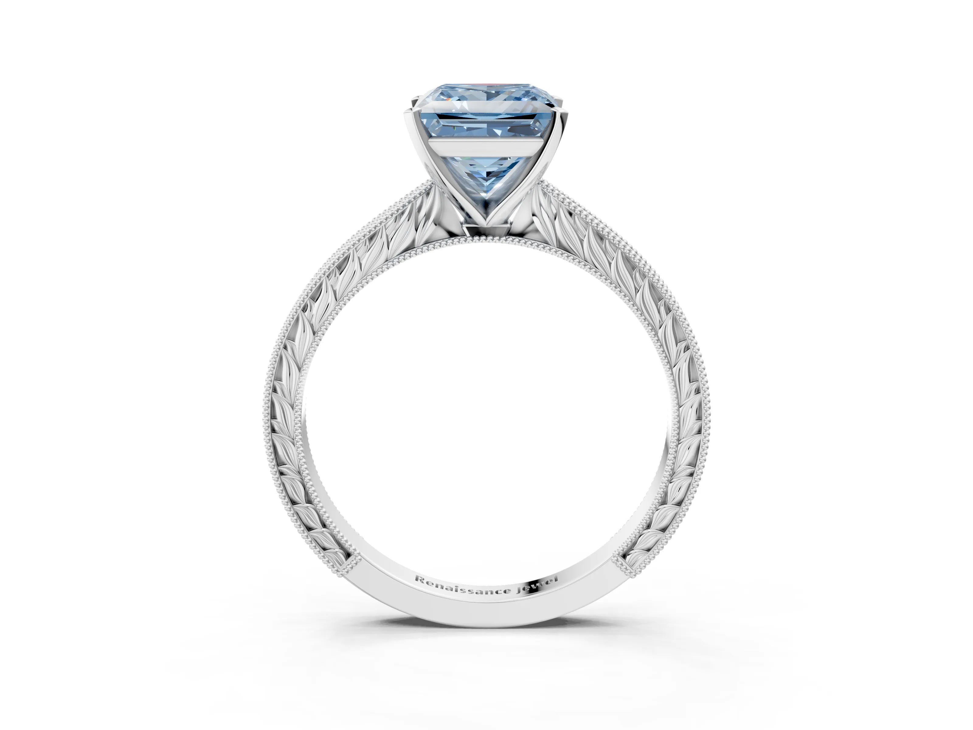 White gold Fancy Blue Princess Cut Solitaire Milgrain Engraved Band with Four-Prong Setting_15
