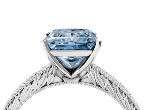 White gold Fancy Blue Princess Cut Solitaire Milgrain Engraved Band with Four-Prong Setting_16