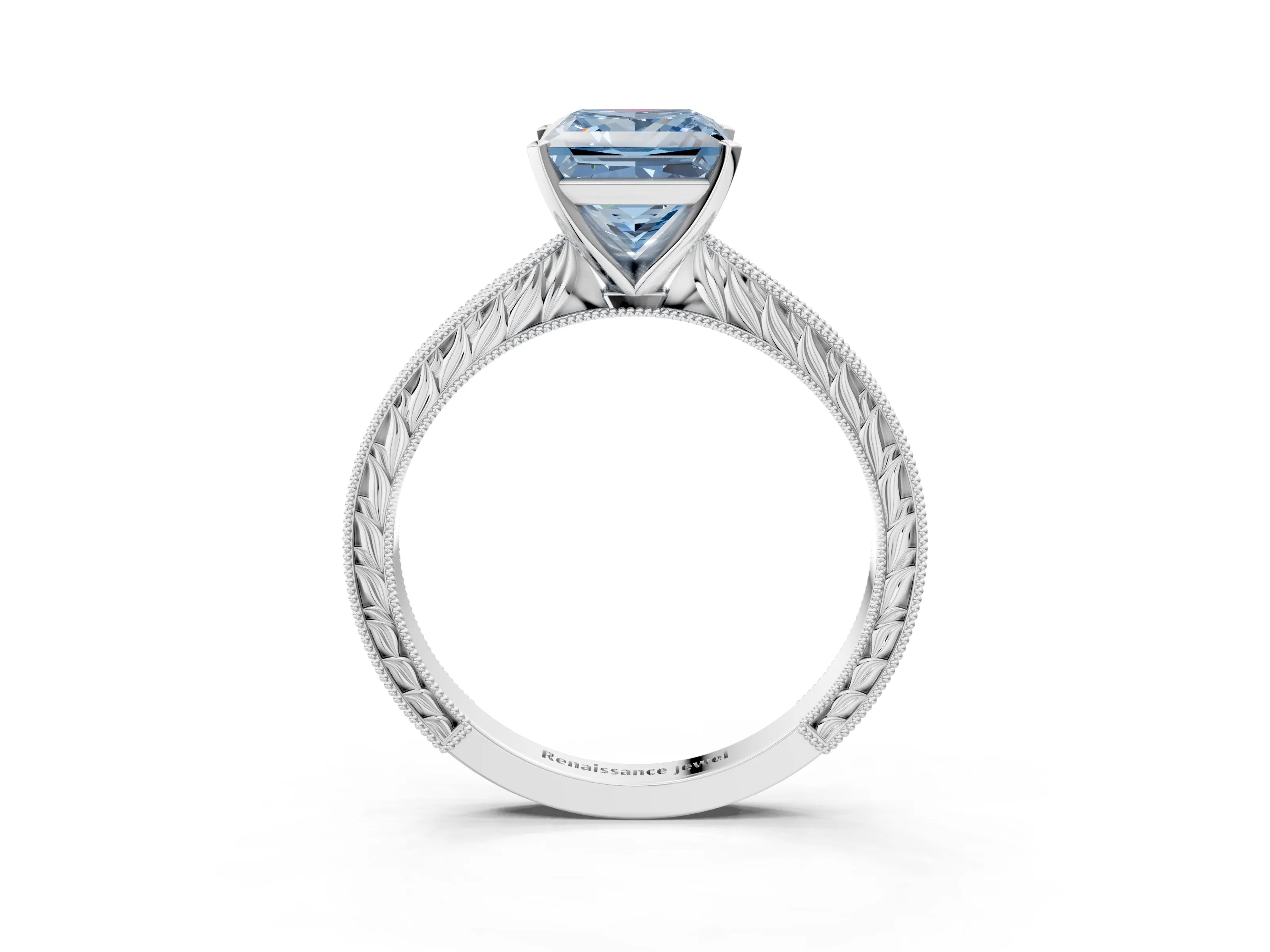 White gold Fancy Blue Princess Cut Solitaire Milgrain Engraved Band with Four-Prong Setting_3