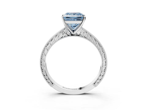 White gold Fancy Blue Princess Cut Solitaire Milgrain Engraved Band with Four-Prong Setting_3