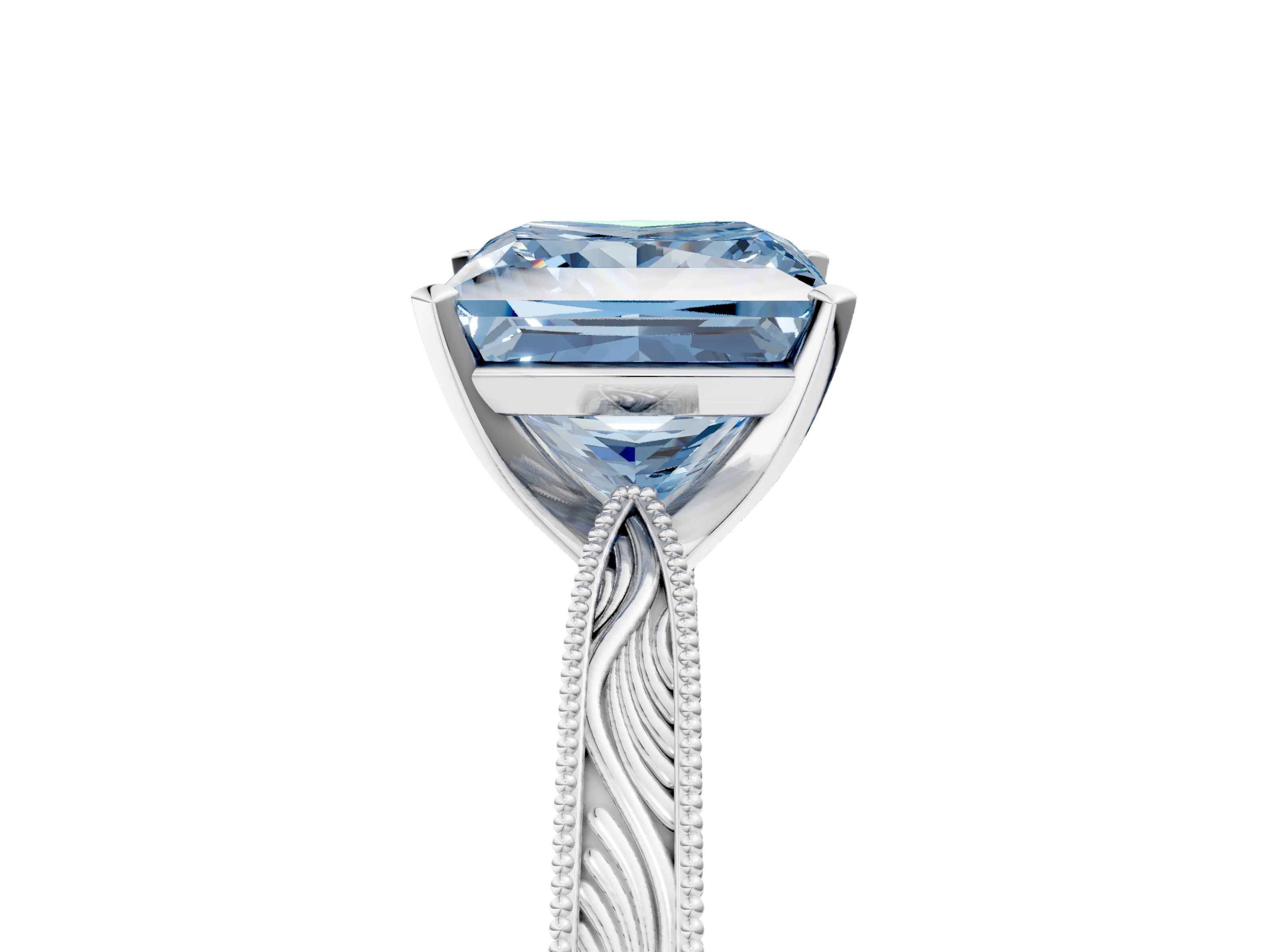 White gold Fancy Blue Princess Cut Solitaire Milgrain Engraved Band with Four-Prong Setting_5