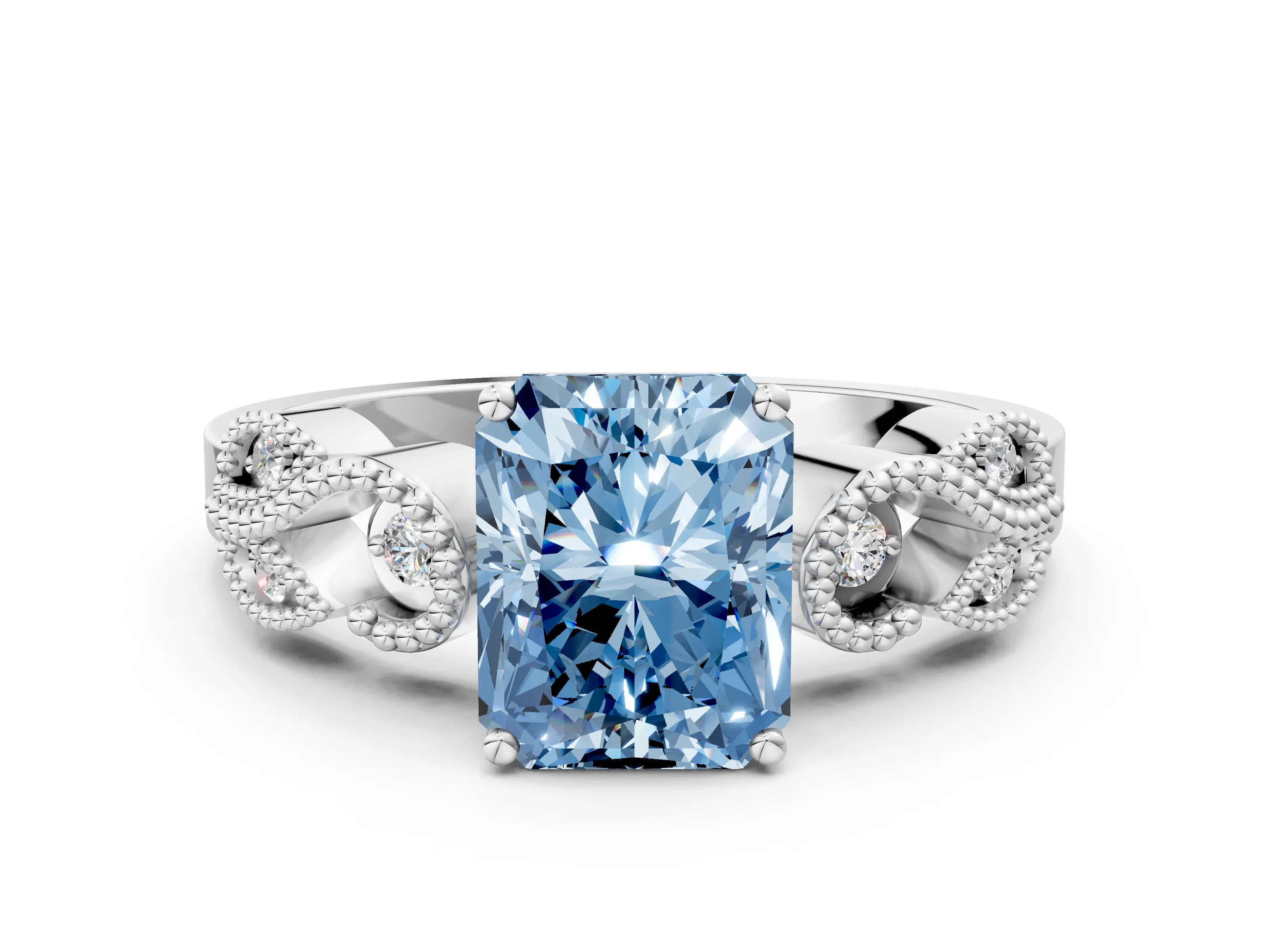 White gold Fancy Blue Princess Cut Solitaire Milgrain Leaf Band with Prong Setting_12