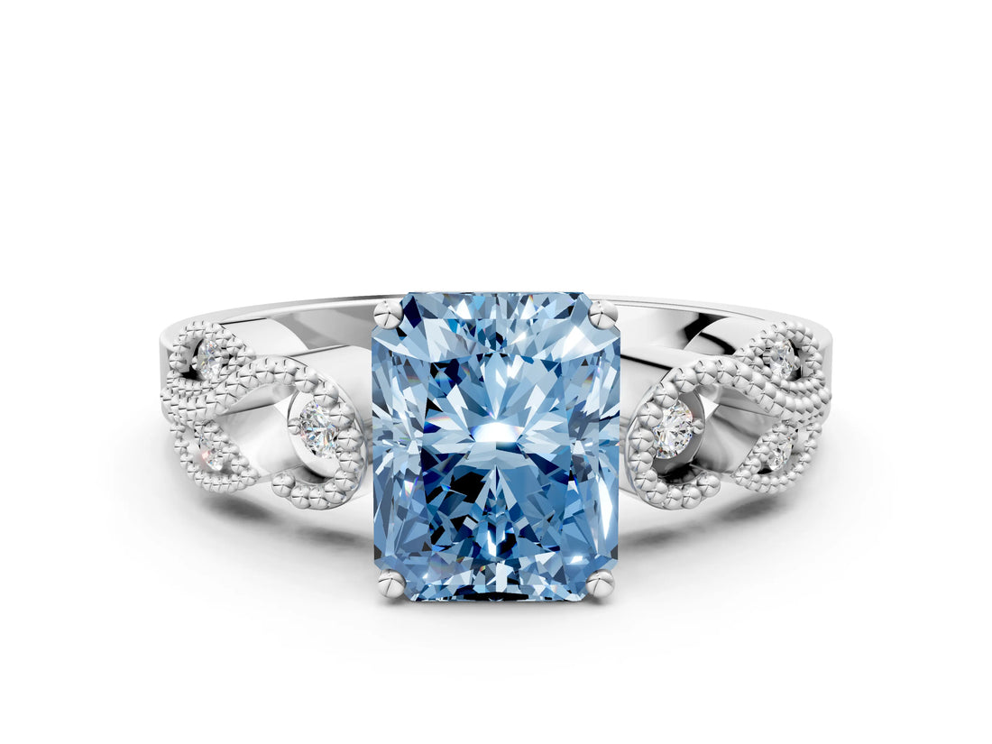 White gold Fancy Blue Princess Cut Solitaire Milgrain Leaf Band with Prong Setting_12