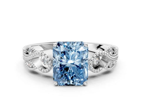 White gold Fancy Blue Princess Cut Solitaire Milgrain Leaf Band with Prong Setting_12