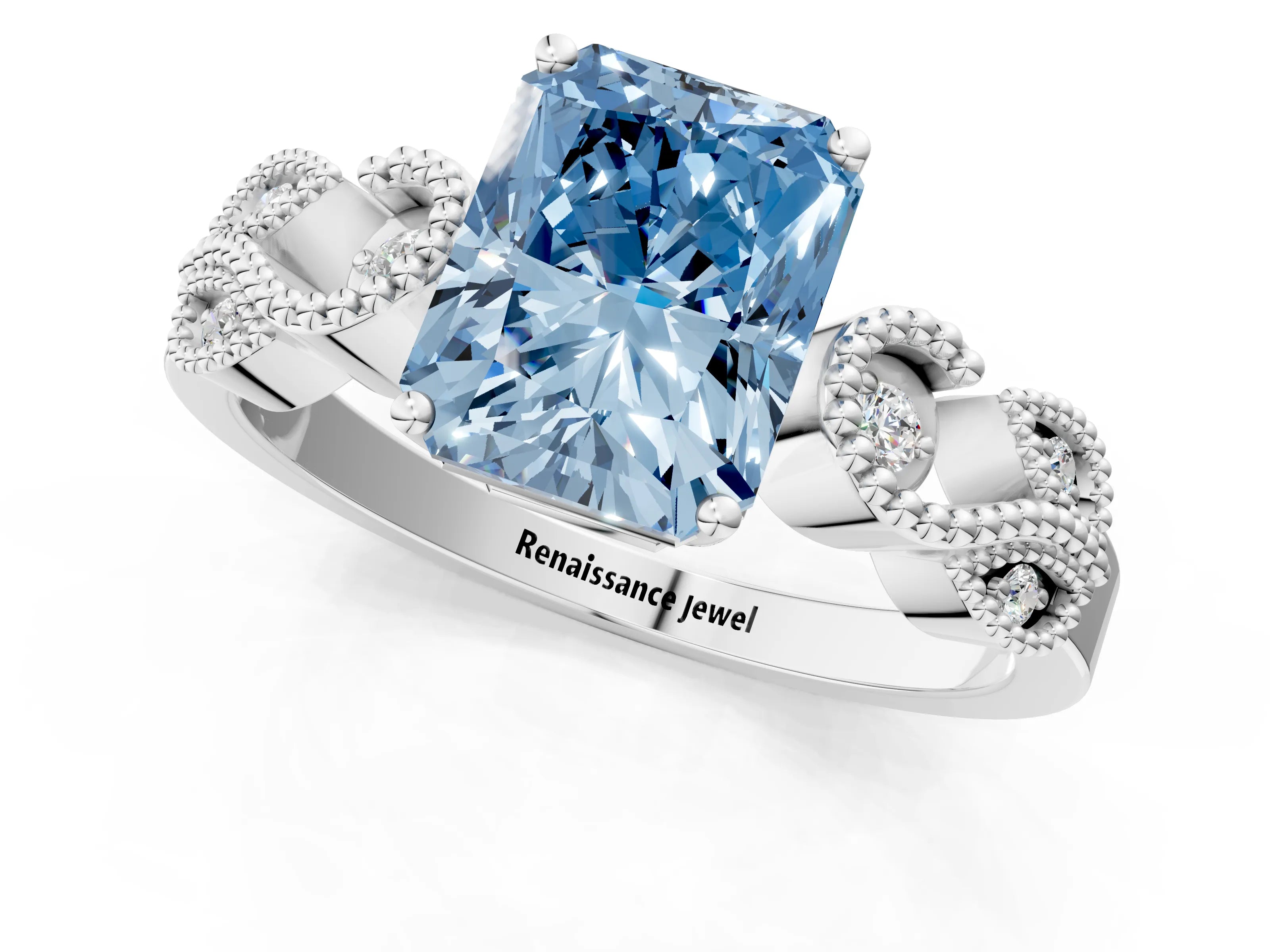 White gold Fancy Blue Princess Cut Solitaire Milgrain Leaf Band with Prong Setting_13