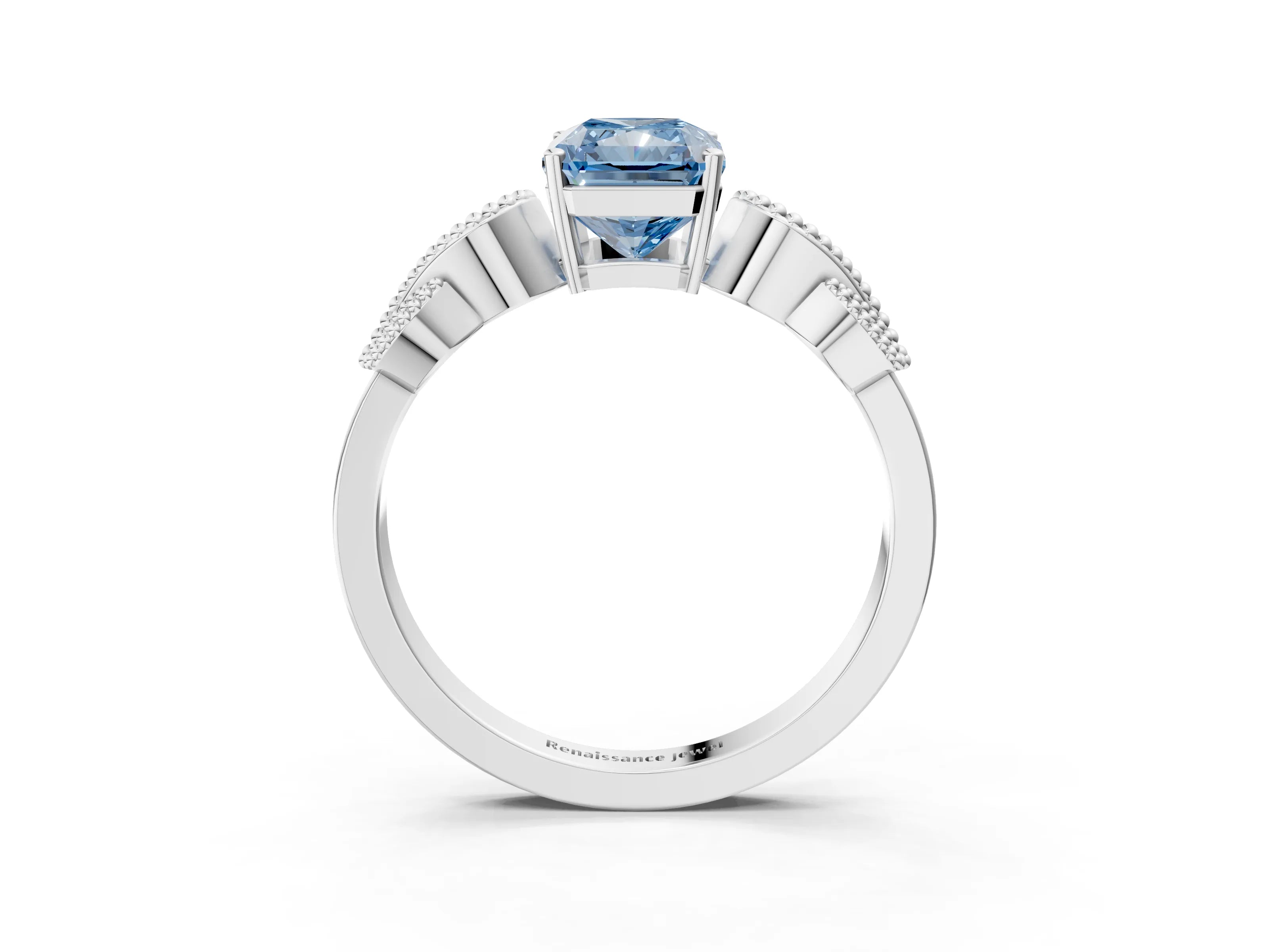 White gold Fancy Blue Princess Cut Solitaire Milgrain Leaf Band with Prong Setting_15