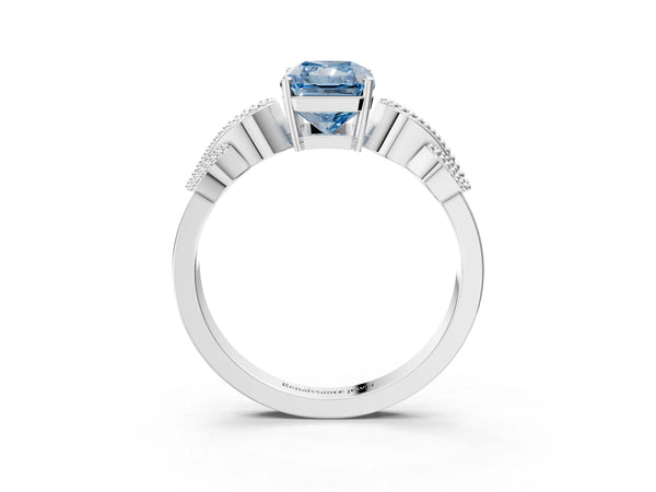 White gold Fancy Blue Princess Cut Solitaire Milgrain Leaf Band with Prong Setting