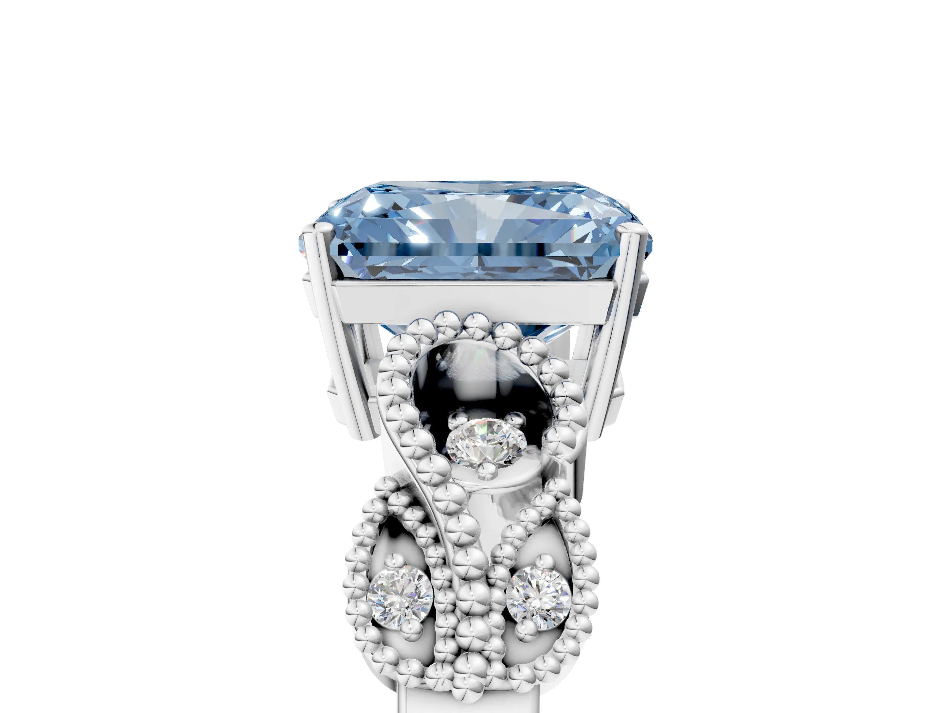 White gold Fancy Blue Princess Cut Solitaire Milgrain Leaf Band with Prong Setting_17