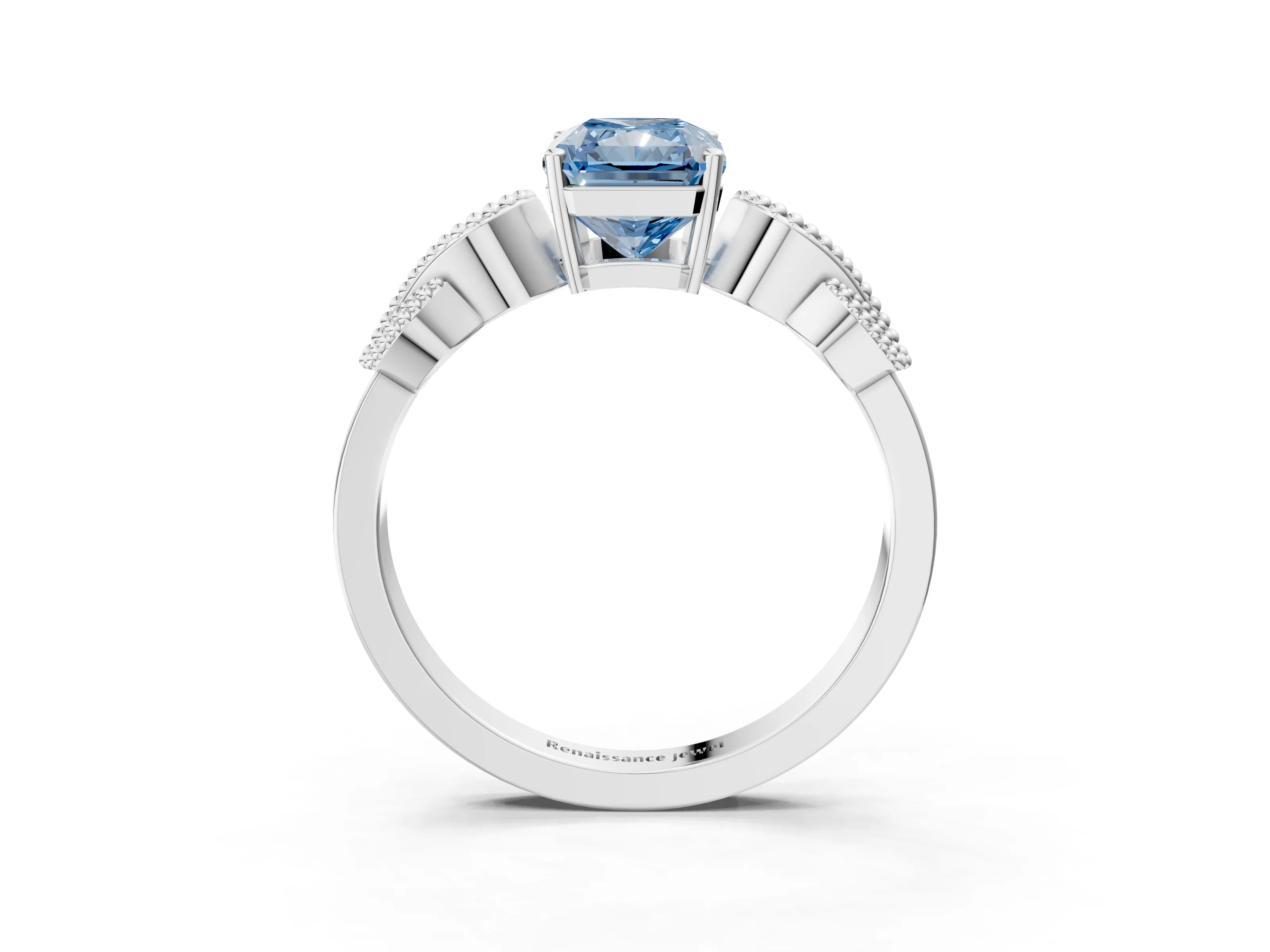 White gold Fancy Blue Princess Cut Solitaire Milgrain Leaf Band with Prong Setting_3