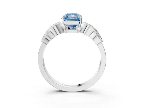 White gold Fancy Blue Princess Cut Solitaire Milgrain Leaf Band with Prong Setting_3