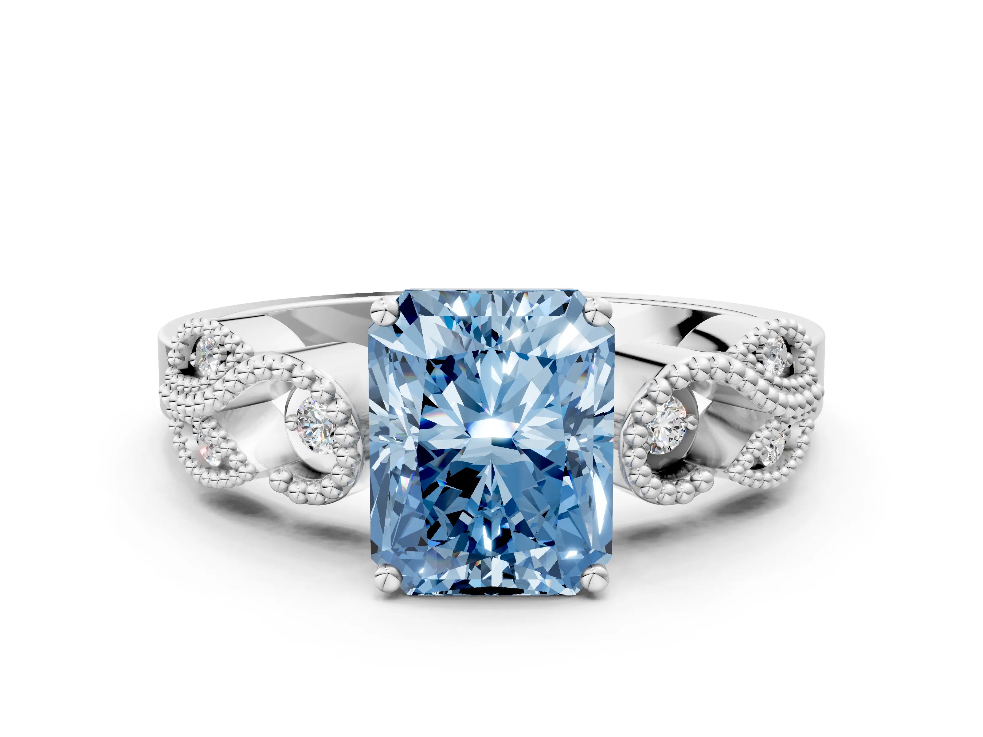 White gold Fancy Blue Princess Cut Solitaire Milgrain Leaf Band with Prong Setting