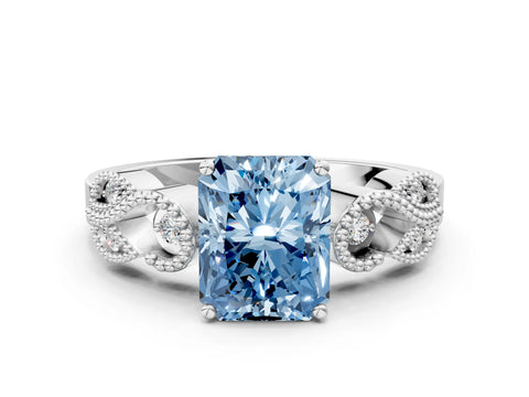 White gold Fancy Blue Princess Cut Solitaire Milgrain Leaf Band with Prong Setting