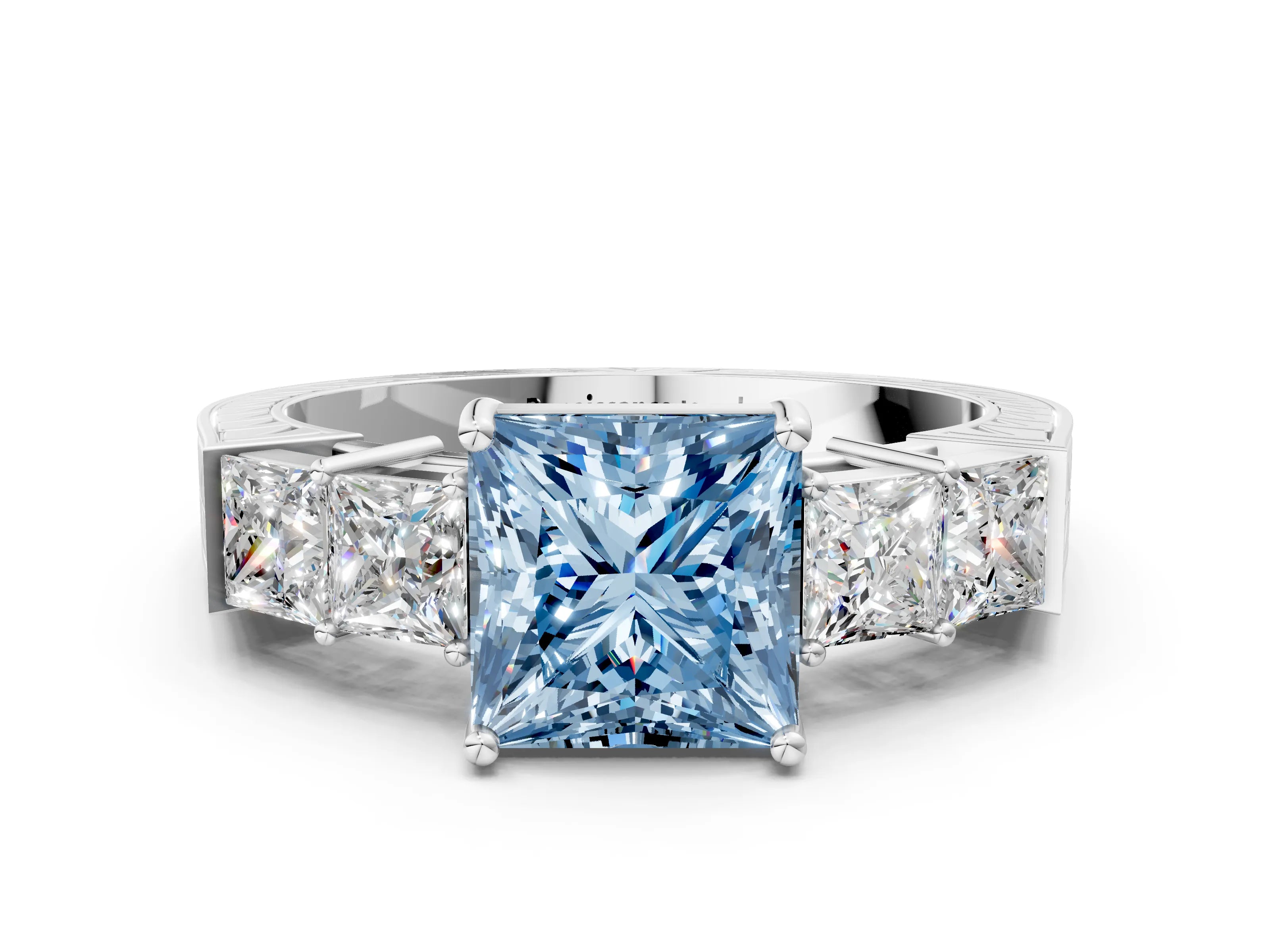 White gold Fancy Blue Princess Cut Solitaire Princess Side Stone Engraved Band Prong Setting Ring_12