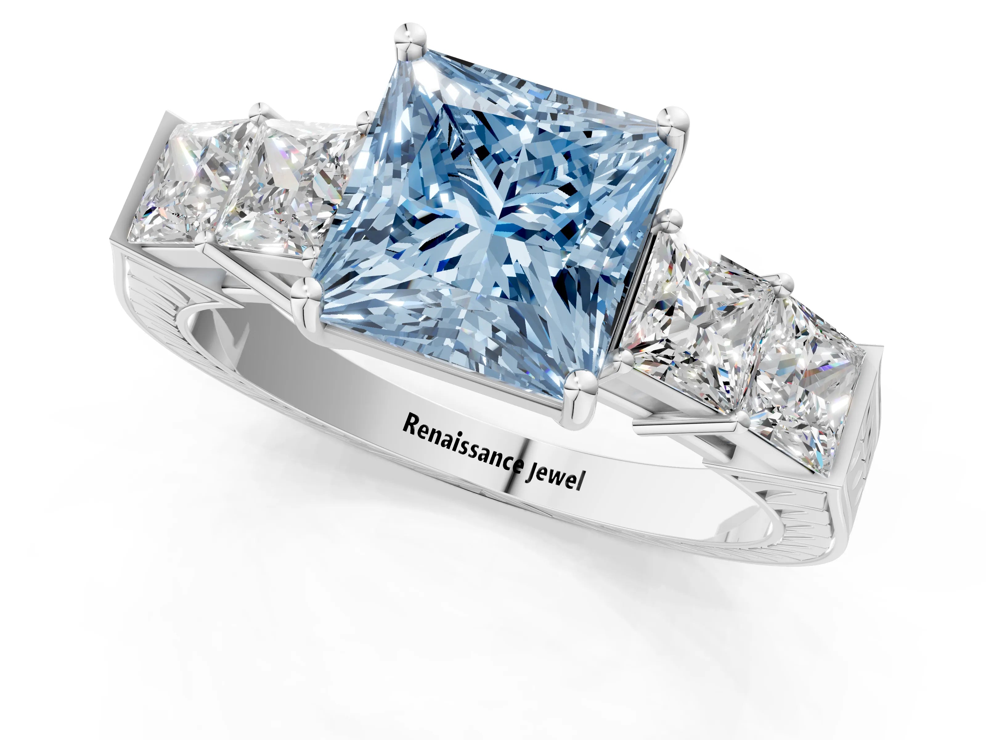 White gold Fancy Blue Princess Cut Solitaire Princess Side Stone Engraved Band Prong Setting Ring_13