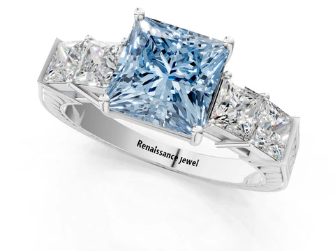 White gold Fancy Blue Princess Cut Solitaire Princess Side Stone Engraved Band Prong Setting Ring_13