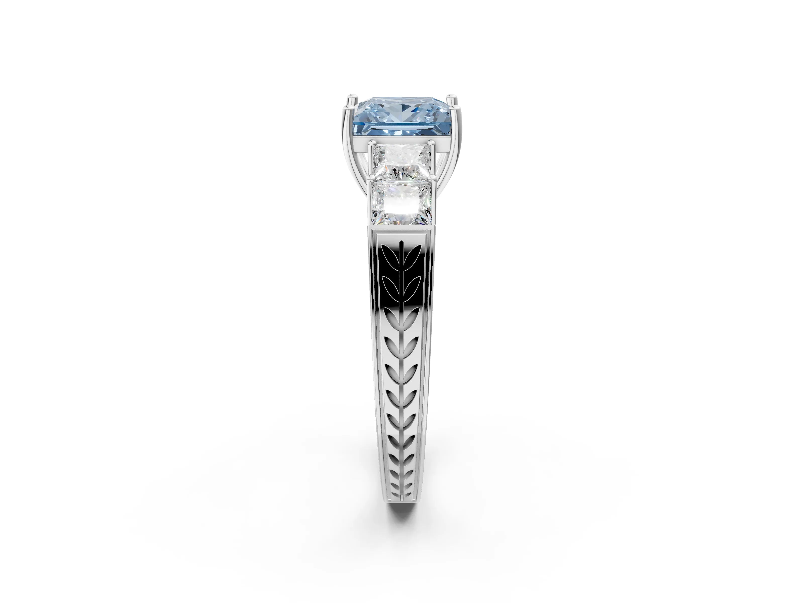 White gold Fancy Blue Princess Cut Solitaire Princess Side Stone Engraved Band Prong Setting Ring_14