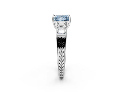 White gold Fancy Blue Princess Cut Solitaire Princess Side Stone Engraved Band Prong Setting Ring_14