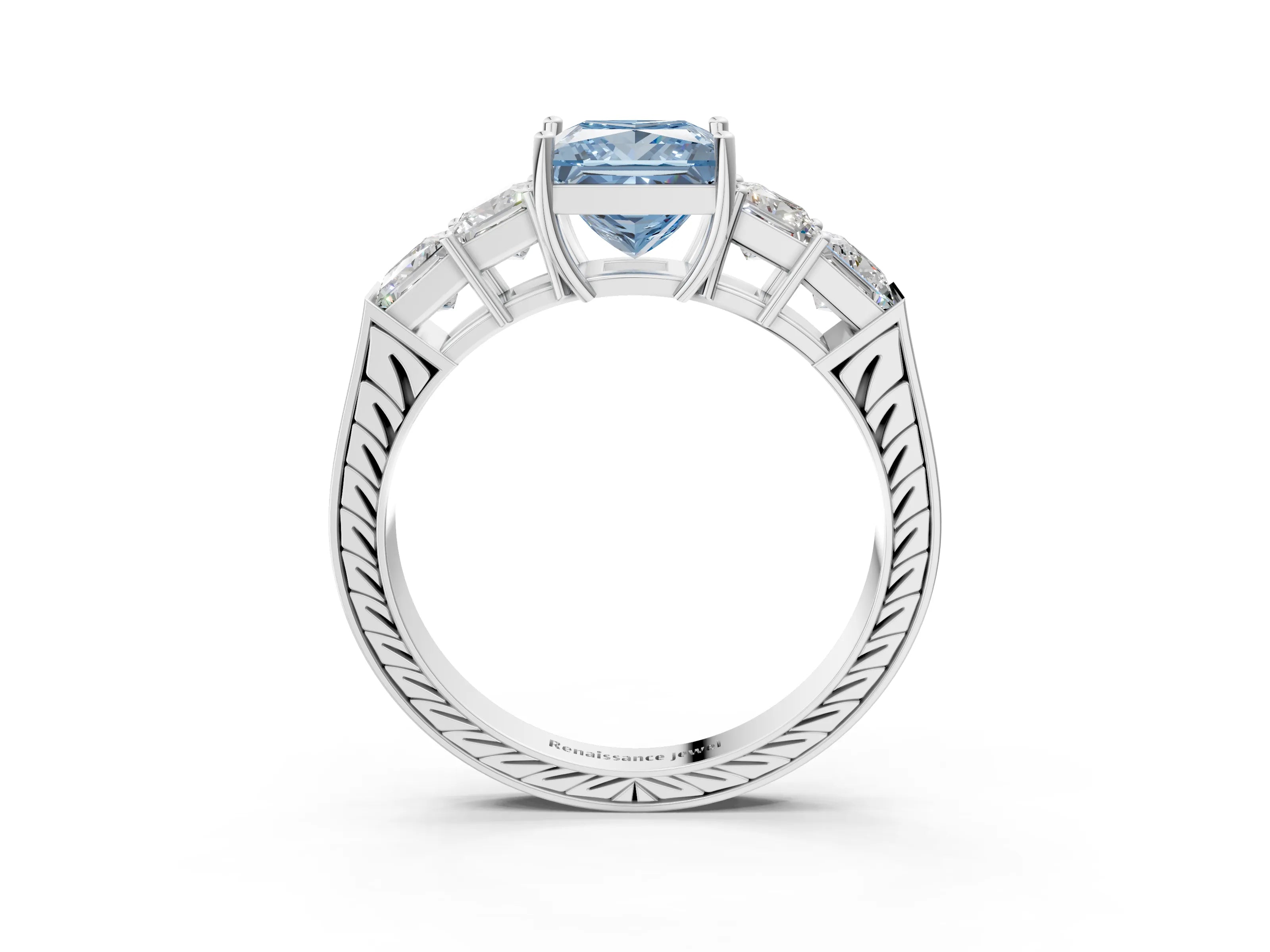 White gold Fancy Blue Princess Cut Solitaire Princess Side Stone Engraved Band Prong Setting Ring_15