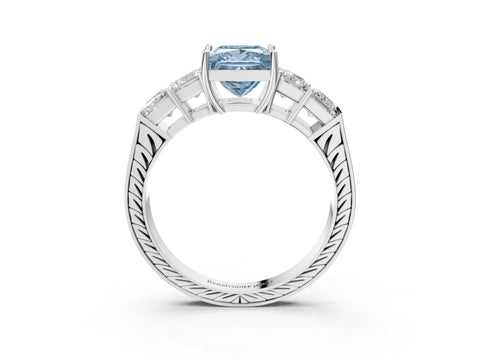 White gold Fancy Blue Princess Cut Solitaire Princess Side Stone Engraved Band Prong Setting Ring_15