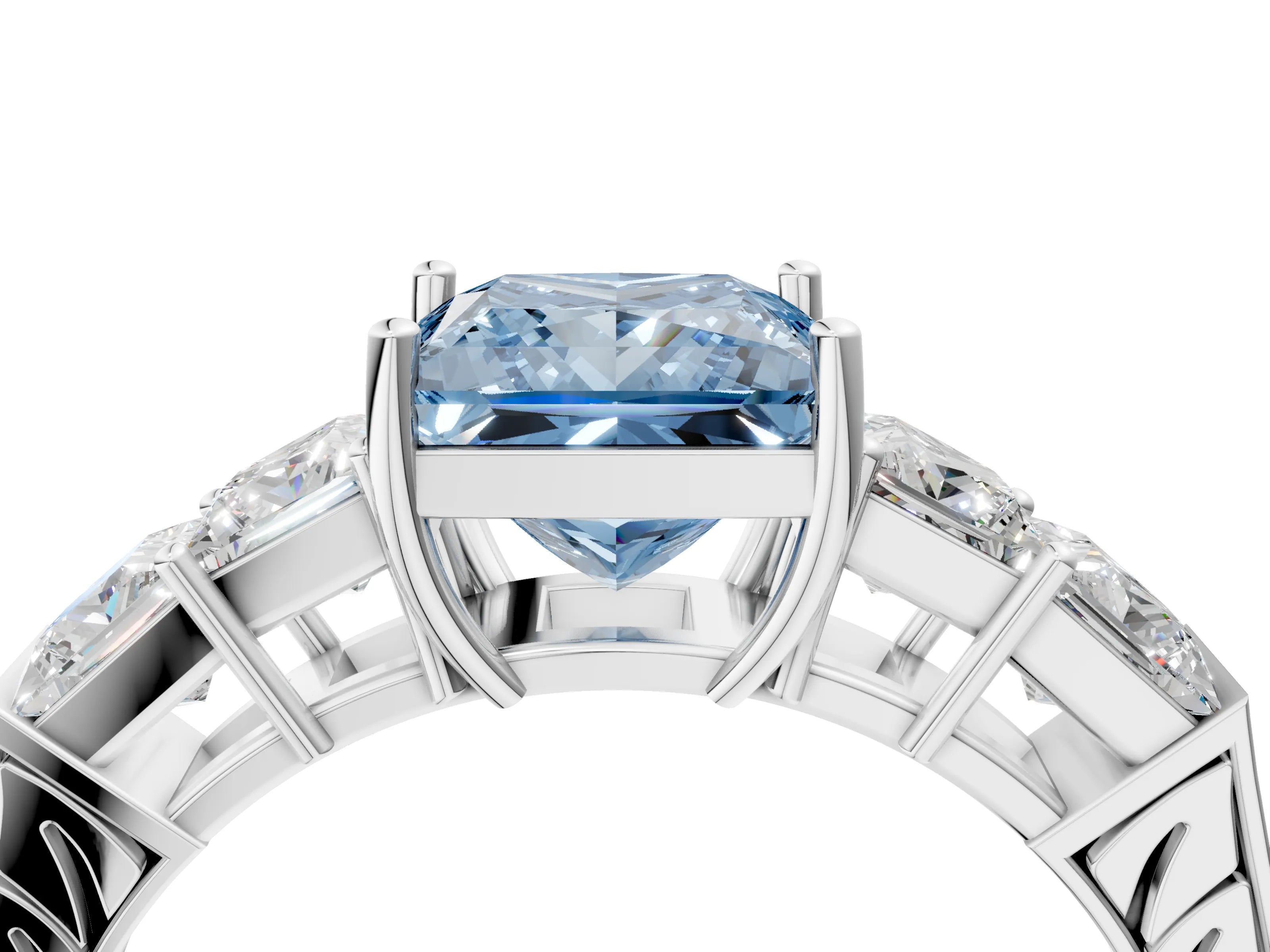 White gold Fancy Blue Princess Cut Solitaire Princess Side Stone Engraved Band Prong Setting Ring_16