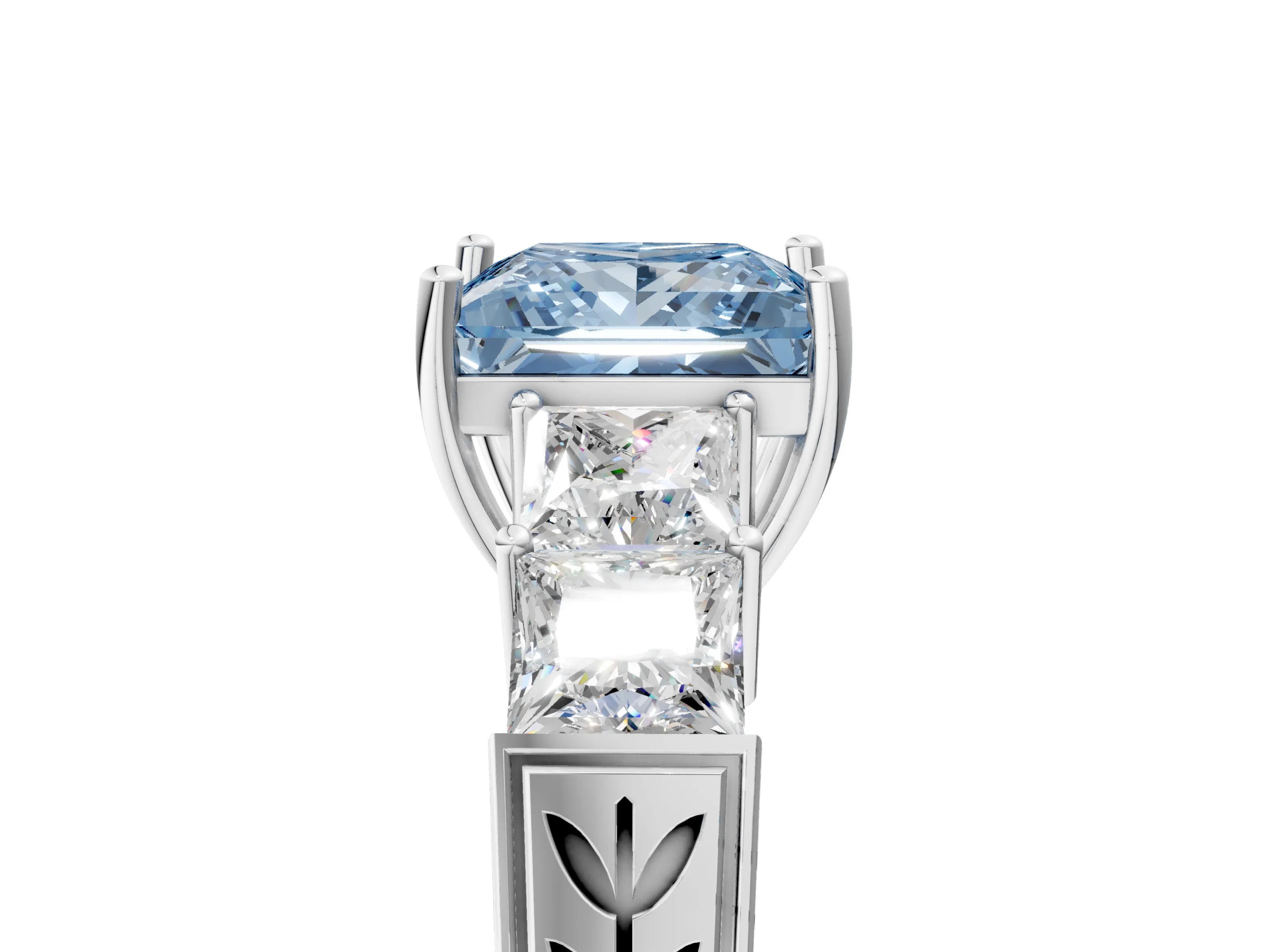 White gold Fancy Blue Princess Cut Solitaire Princess Side Stone Engraved Band Prong Setting Ring_17
