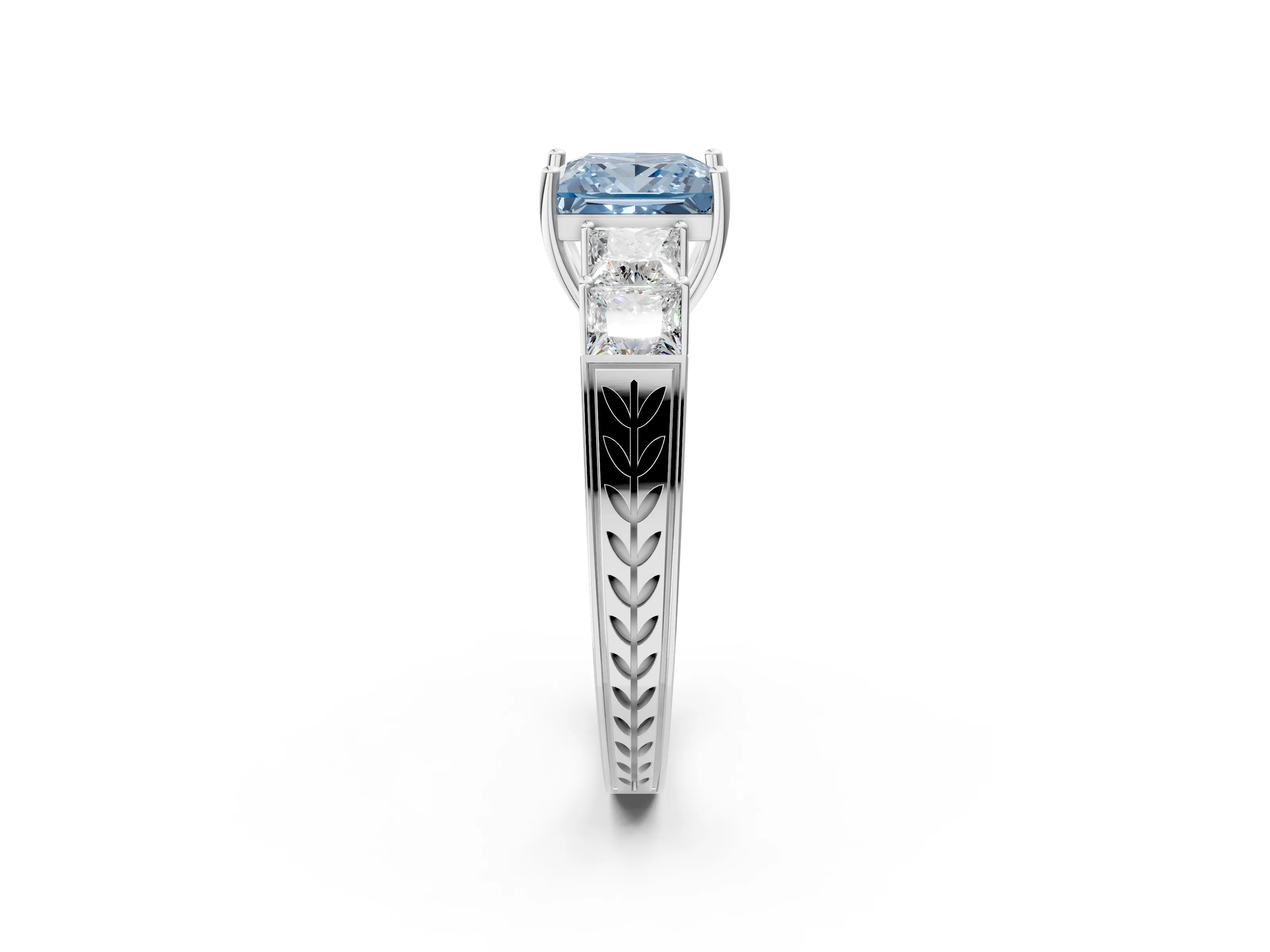 White gold Fancy Blue Princess Cut Solitaire Princess Side Stone Engraved Band Prong Setting Ring_2