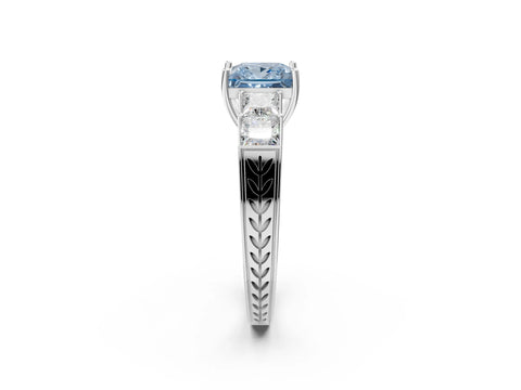 White gold Fancy Blue Princess Cut Solitaire Princess Side Stone Engraved Band Prong Setting Ring_2