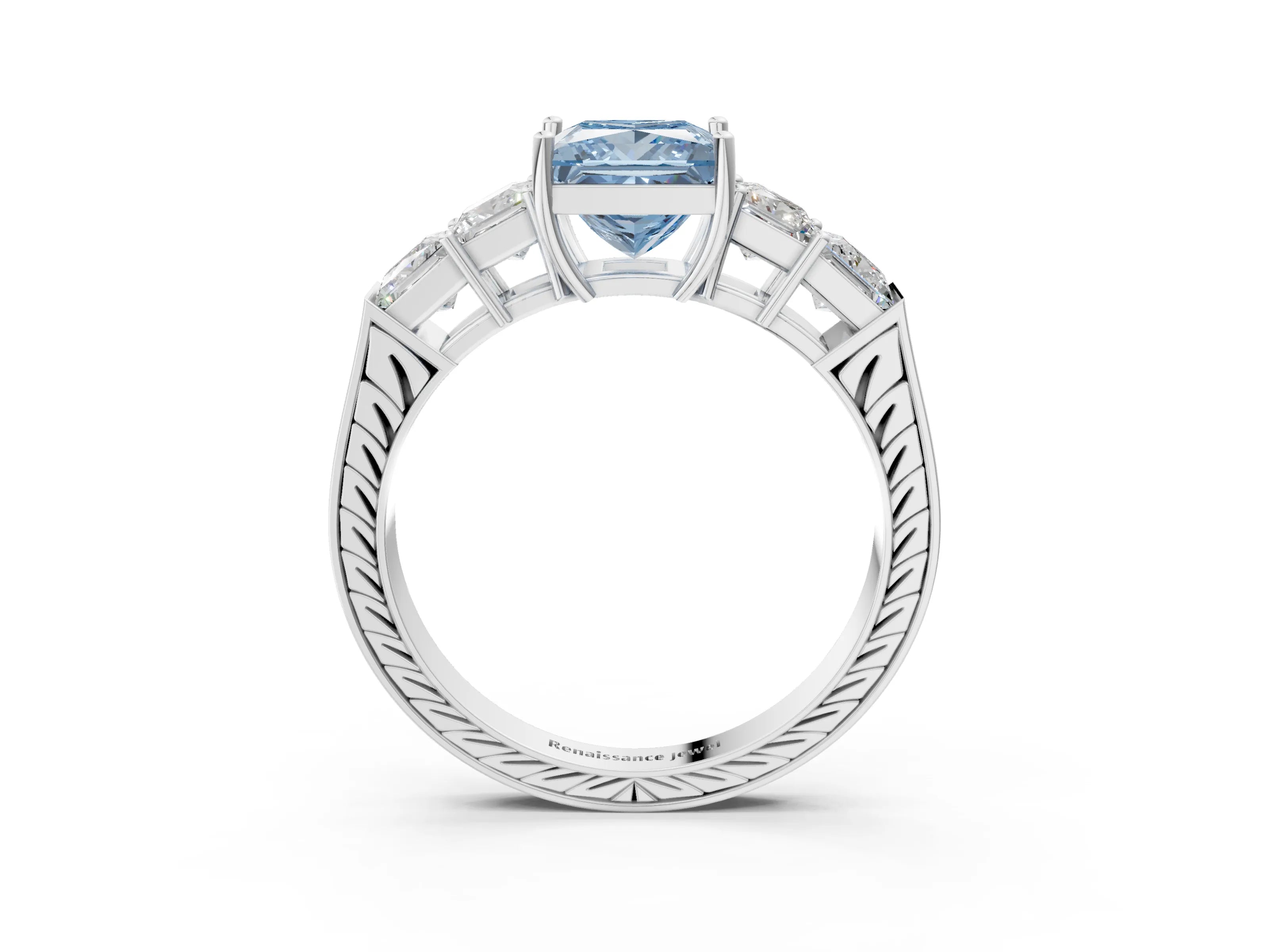 White gold Fancy Blue Princess Cut Solitaire Princess Side Stone Engraved Band Prong Setting Ring_3