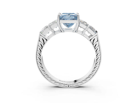 White gold Fancy Blue Princess Cut Solitaire Princess Side Stone Engraved Band Prong Setting Ring_3