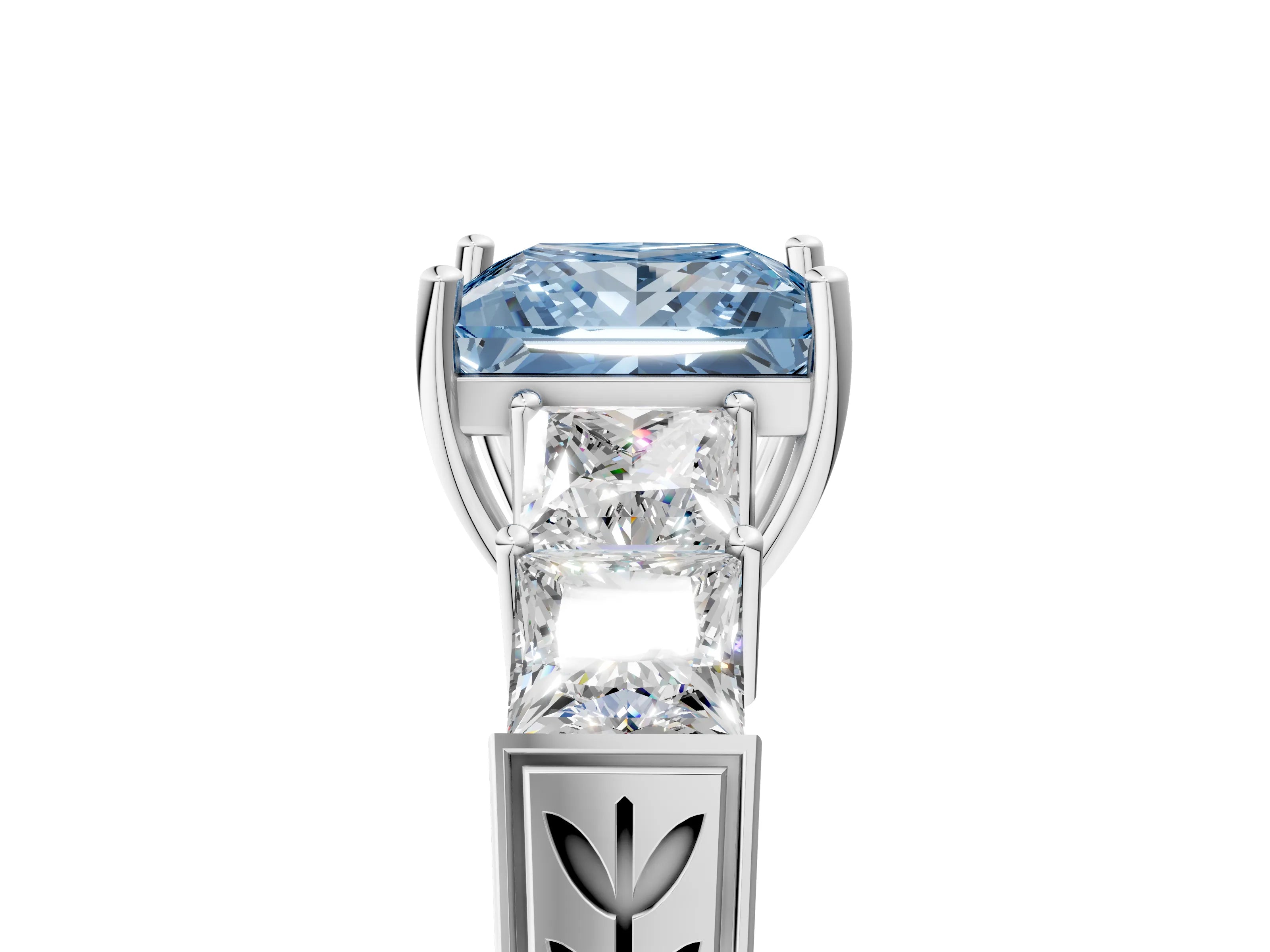 White gold Fancy Blue Princess Cut Solitaire Princess Side Stone Engraved Band Prong Setting Ring_5