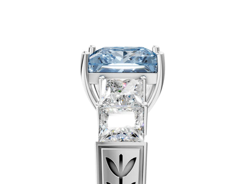 White gold Fancy Blue Princess Cut Solitaire Princess Side Stone Engraved Band Prong Setting Ring_5