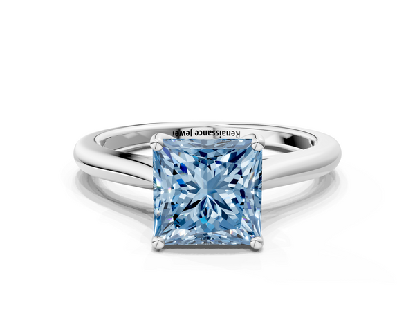 Platinum Fancy Blue Princess  Cut Solitaire Ring with Cathedral Band and Four-Prong Setting